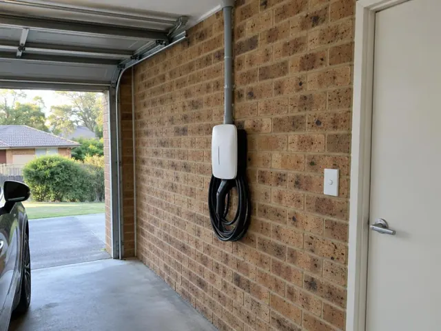 Wall-mounted EV charger on a brick garage wall beside a driveway in Saratoga