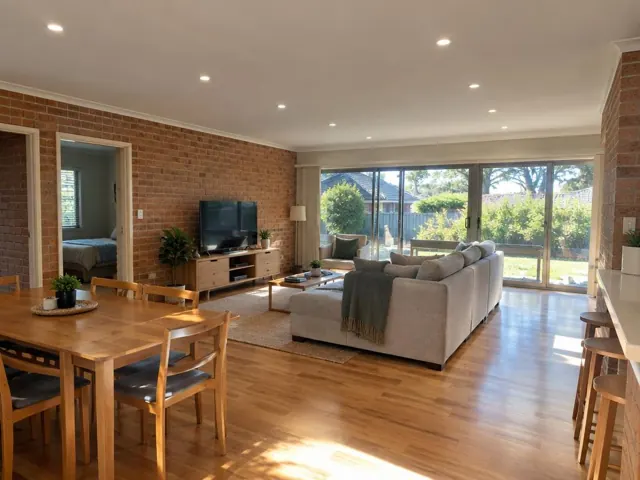 Living room with evenly spaced recessed downlights, brick walls and sliding glass doors in Bensville