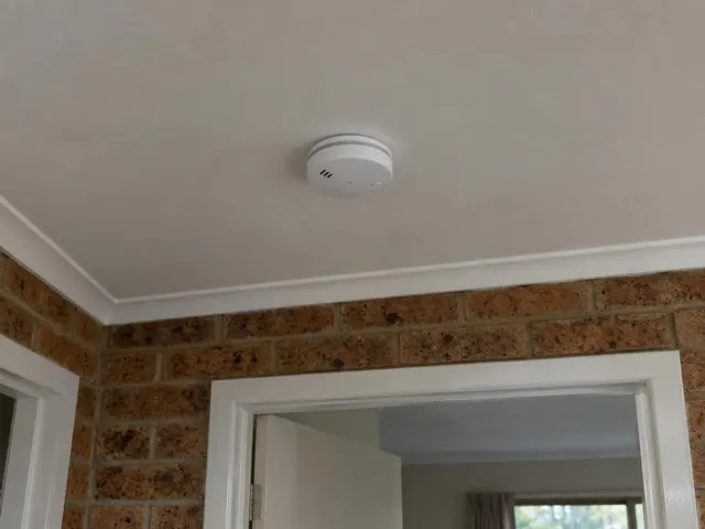 Ceiling smoke alarm on a white ceiling above a brick hallway and doorway in Green Point